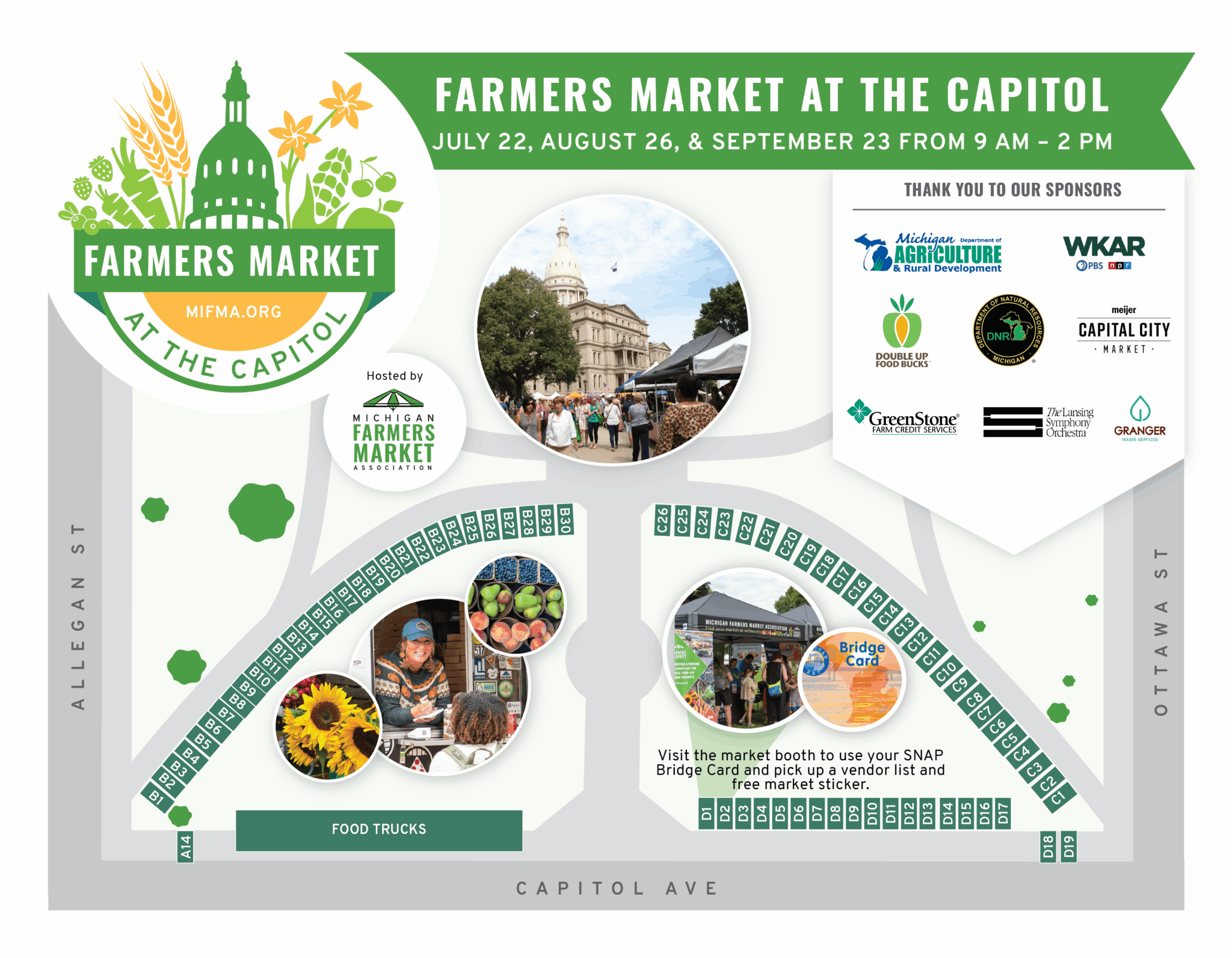 A detailed layout of the farmers market, outlining various vendor locations and special features.