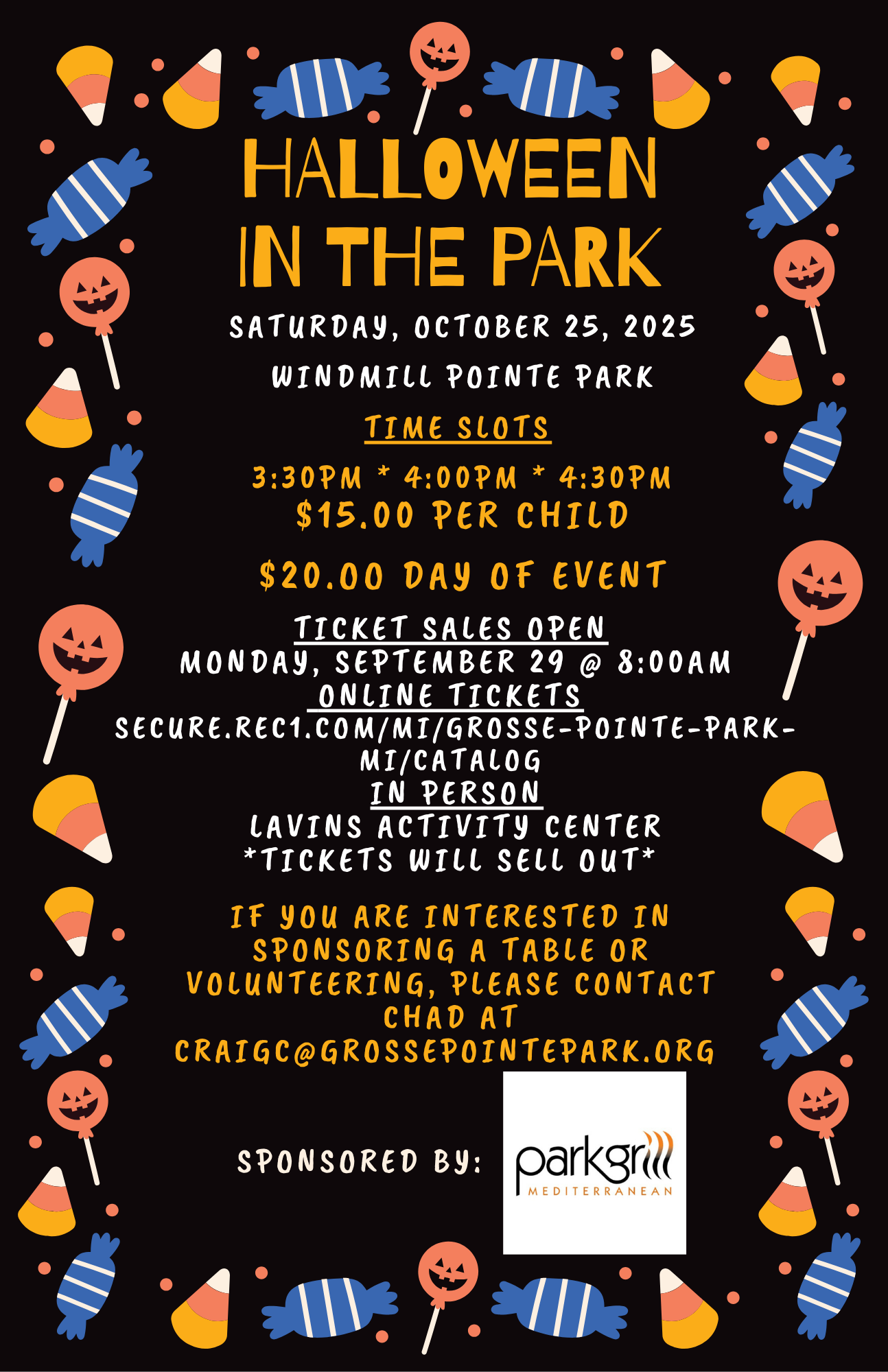 Halloween in the Park flyer promoting family-friendly fall festivities across Grosse Pointe.