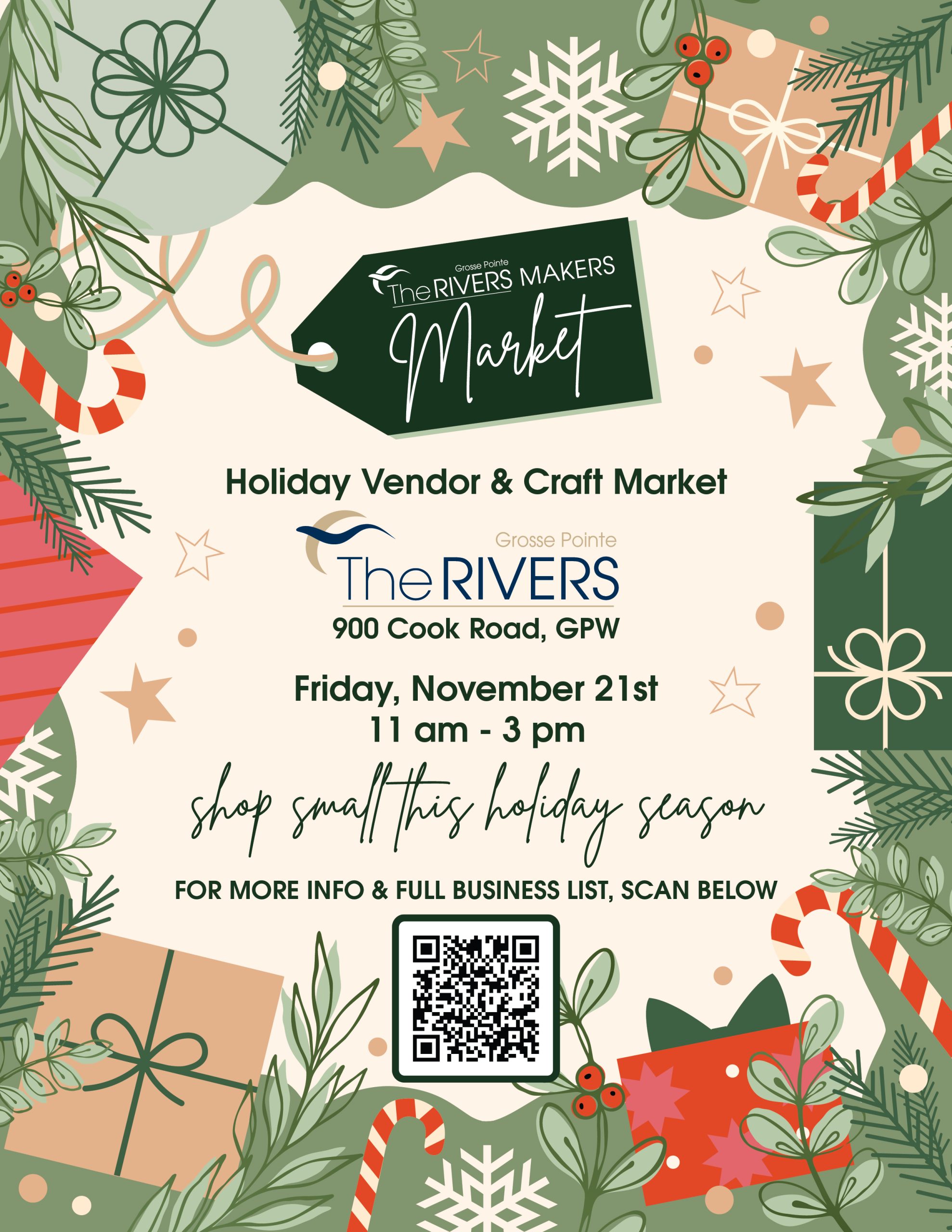 Vendors and shoppers at The River's Holiday Vendor & Craft Market, showcasing handmade gifts and seasonal cheer.